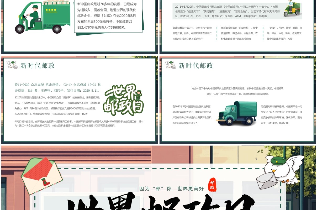 绿色卡通风世界邮政日科普PPT模板