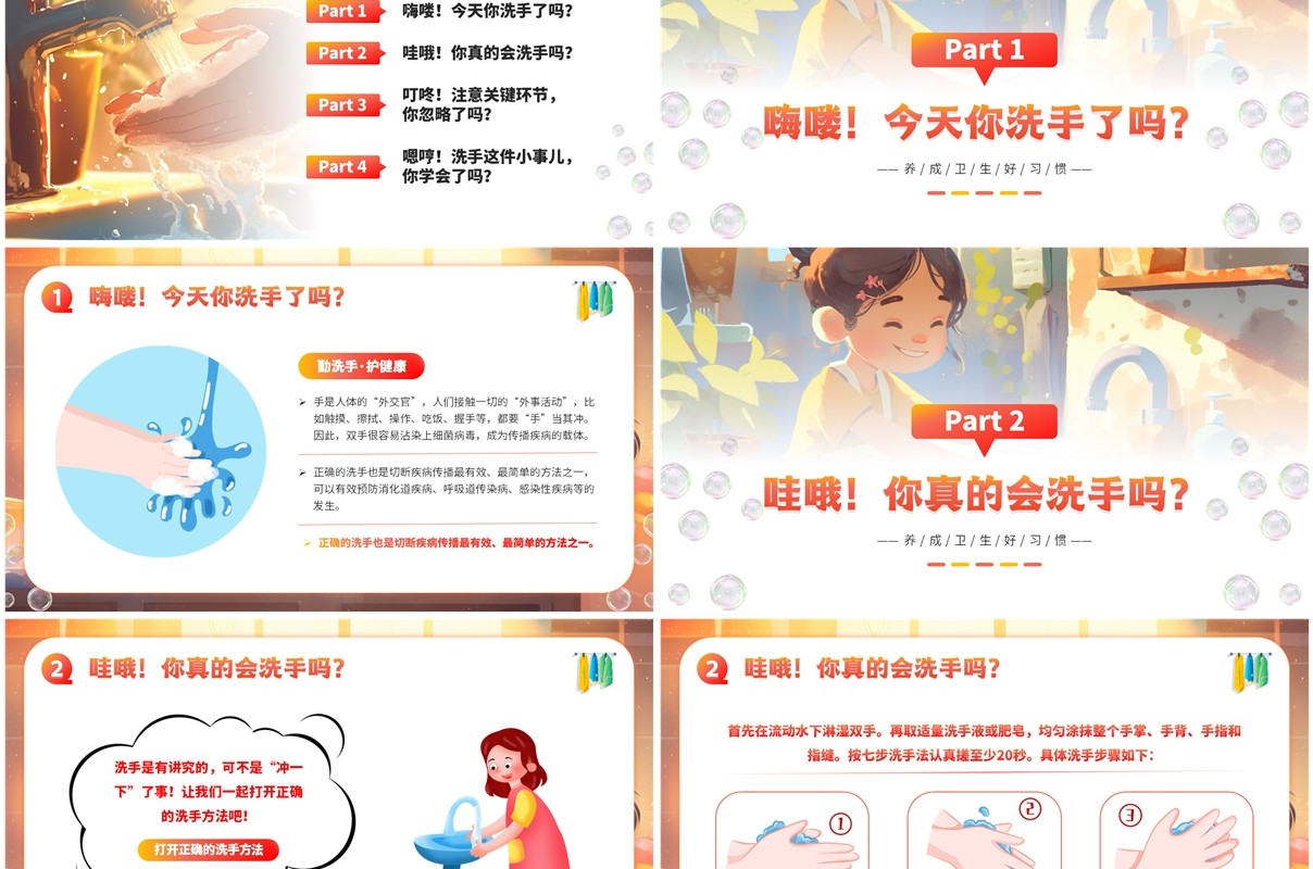 橙色卡通风正确洗手手护健康PPT模板
