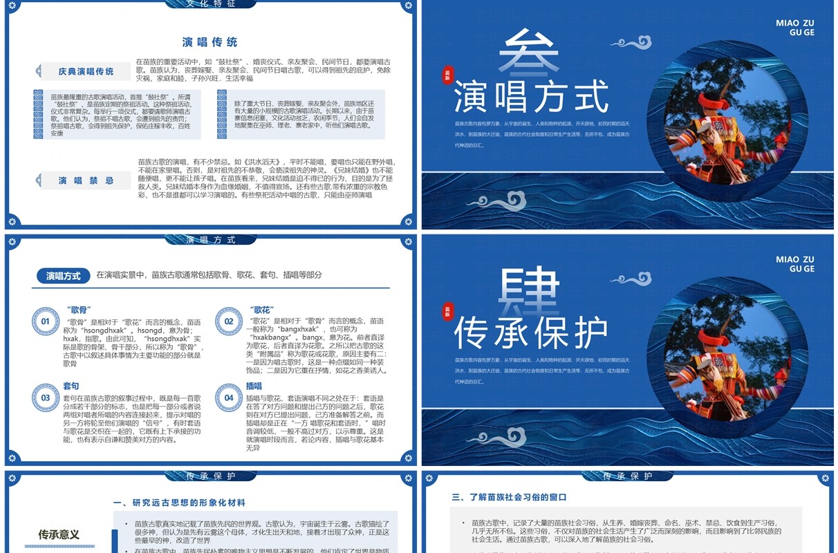 蓝色中国风非遗系列之苗族古歌PPT模板