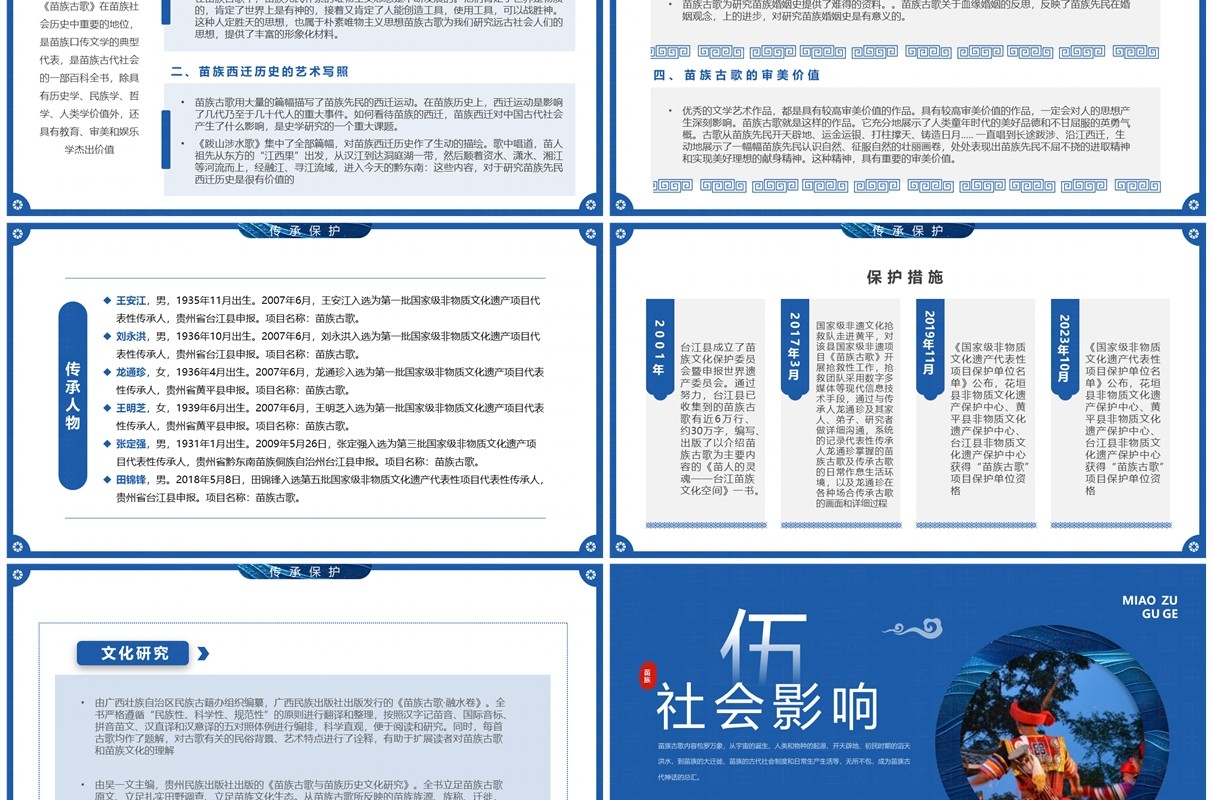 蓝色中国风非遗系列之苗族古歌PPT模板