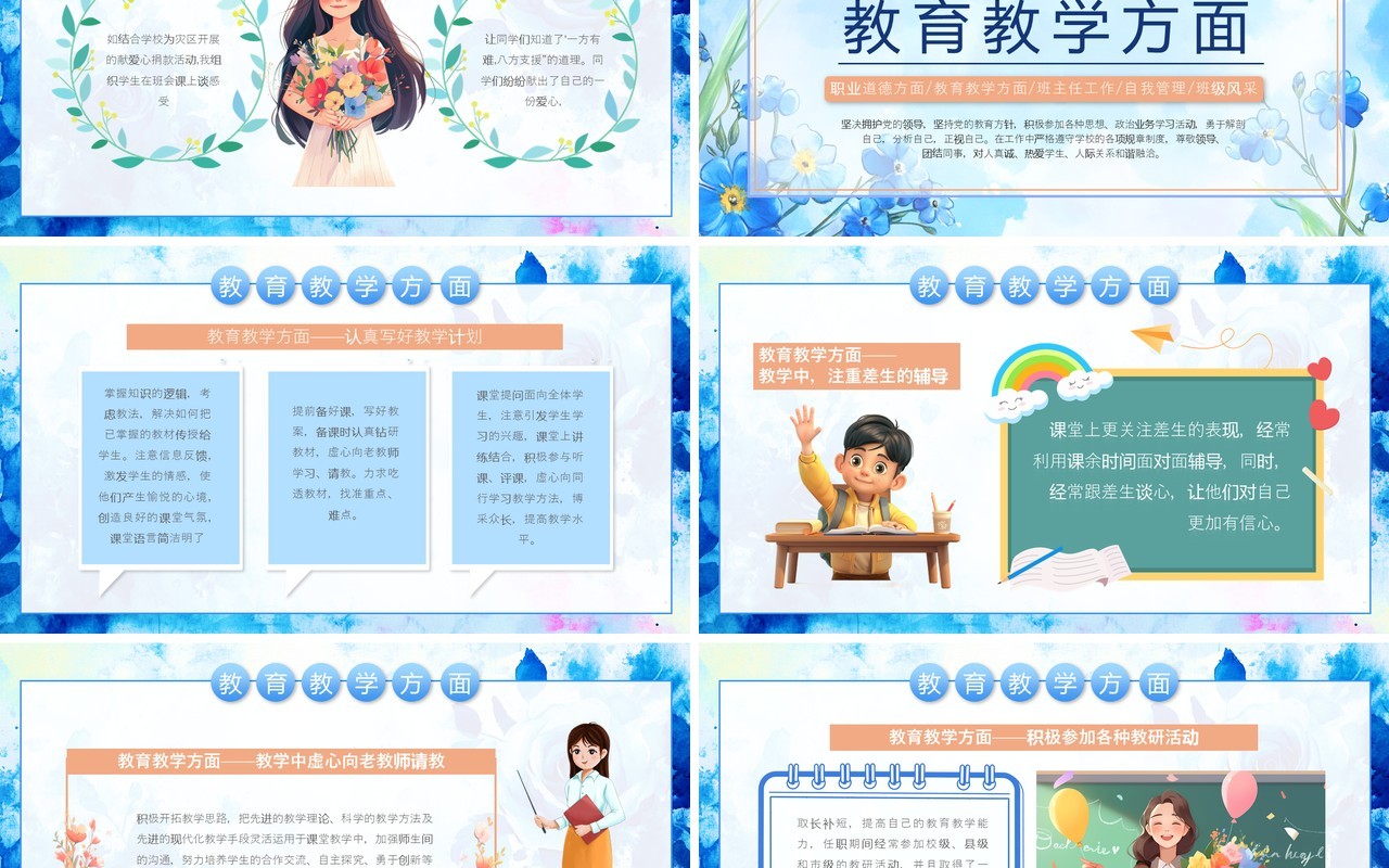 蓝色花卉水彩风期末班主任工作总结PPT模板