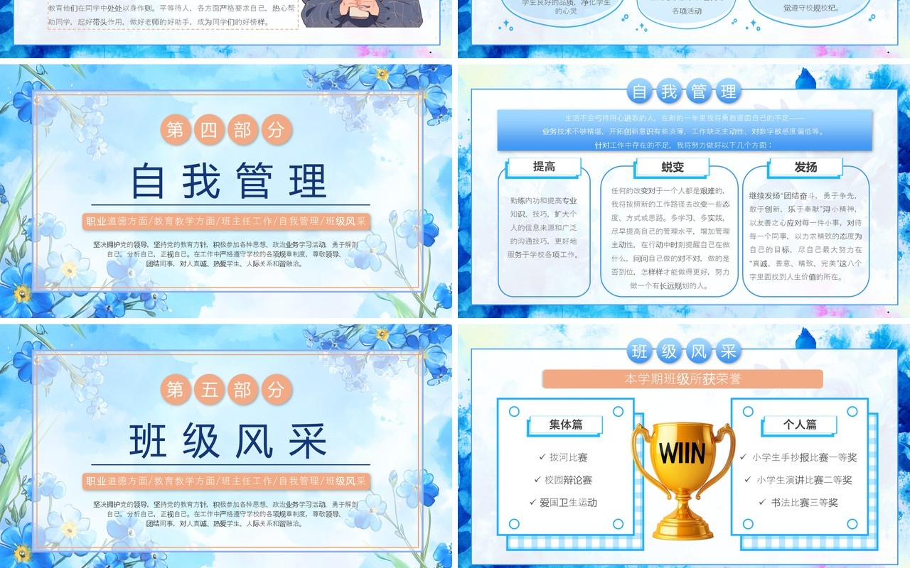 蓝色花卉水彩风期末班主任工作总结PPT模板