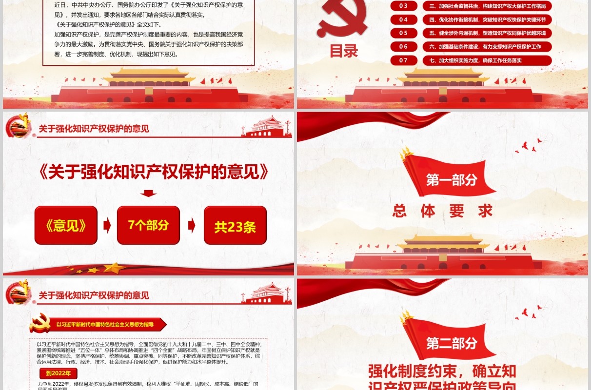 红色党政党建学习关于强化知识产权保护的意见培训PPT讲稿模板