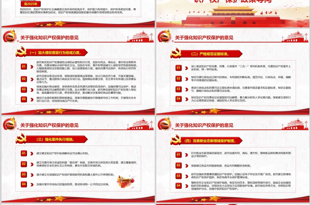 红色党政党建学习关于强化知识产权保护的意见培训PPT讲稿模板