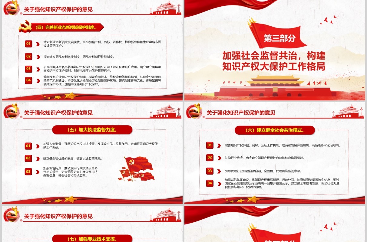 红色党政党建学习关于强化知识产权保护的意见培训PPT讲稿模板