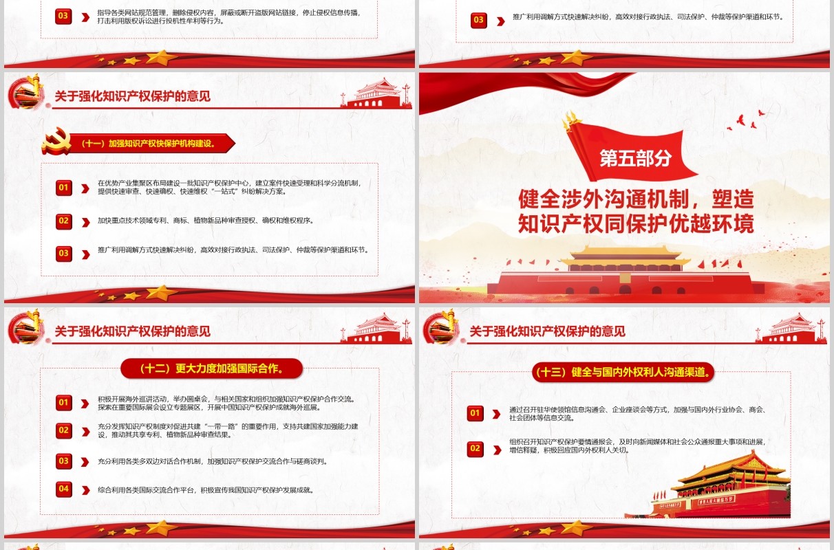红色党政党建学习关于强化知识产权保护的意见培训PPT讲稿模板