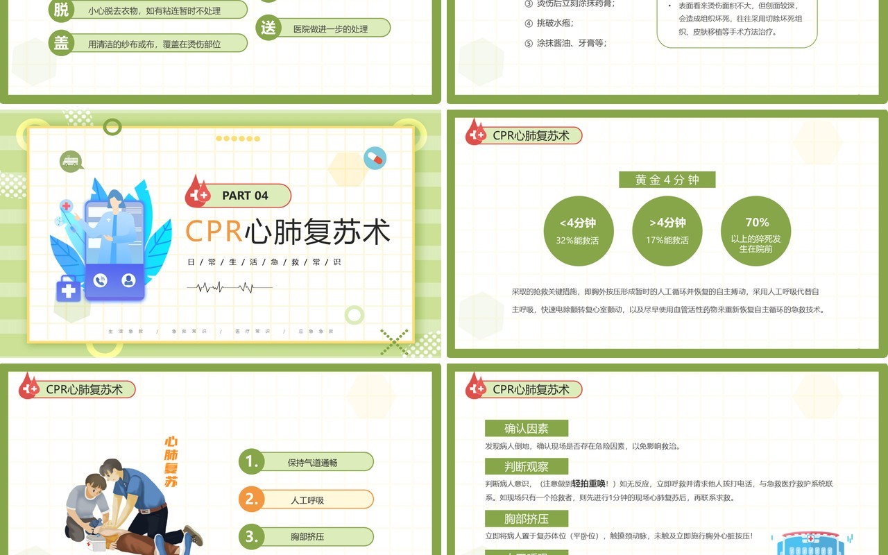 绿色卡通风日常急救常识分享PPT模板