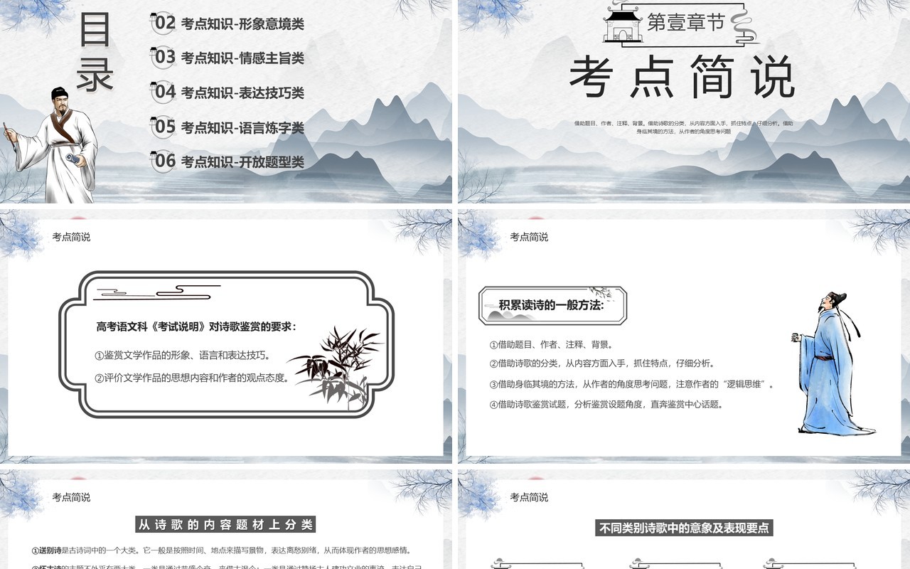 蓝色水墨中国风高考诗歌鉴赏PPT模板