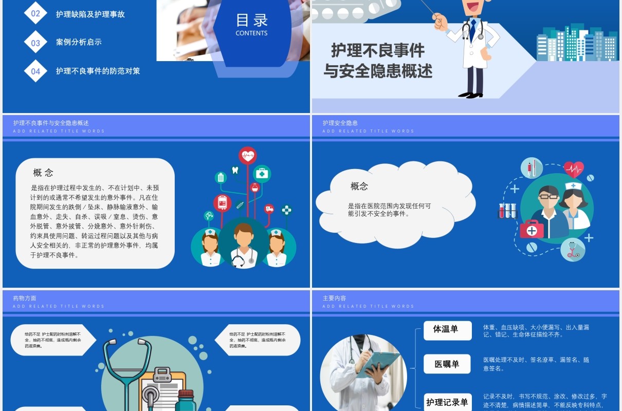蓝色创意护理不良事件与隐患缺陷医院医疗医生PPT模板