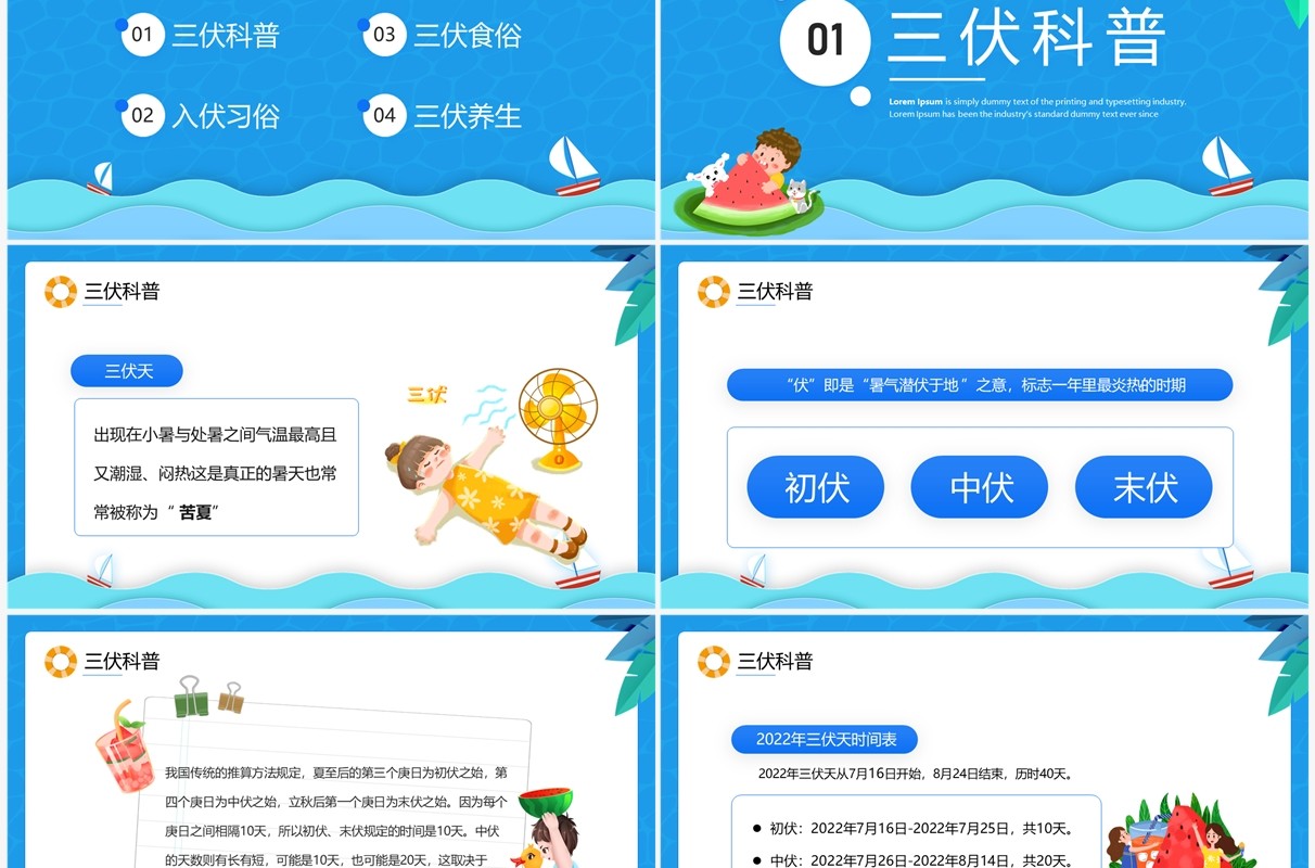蓝色卡通风三伏天科普介绍PPT模板