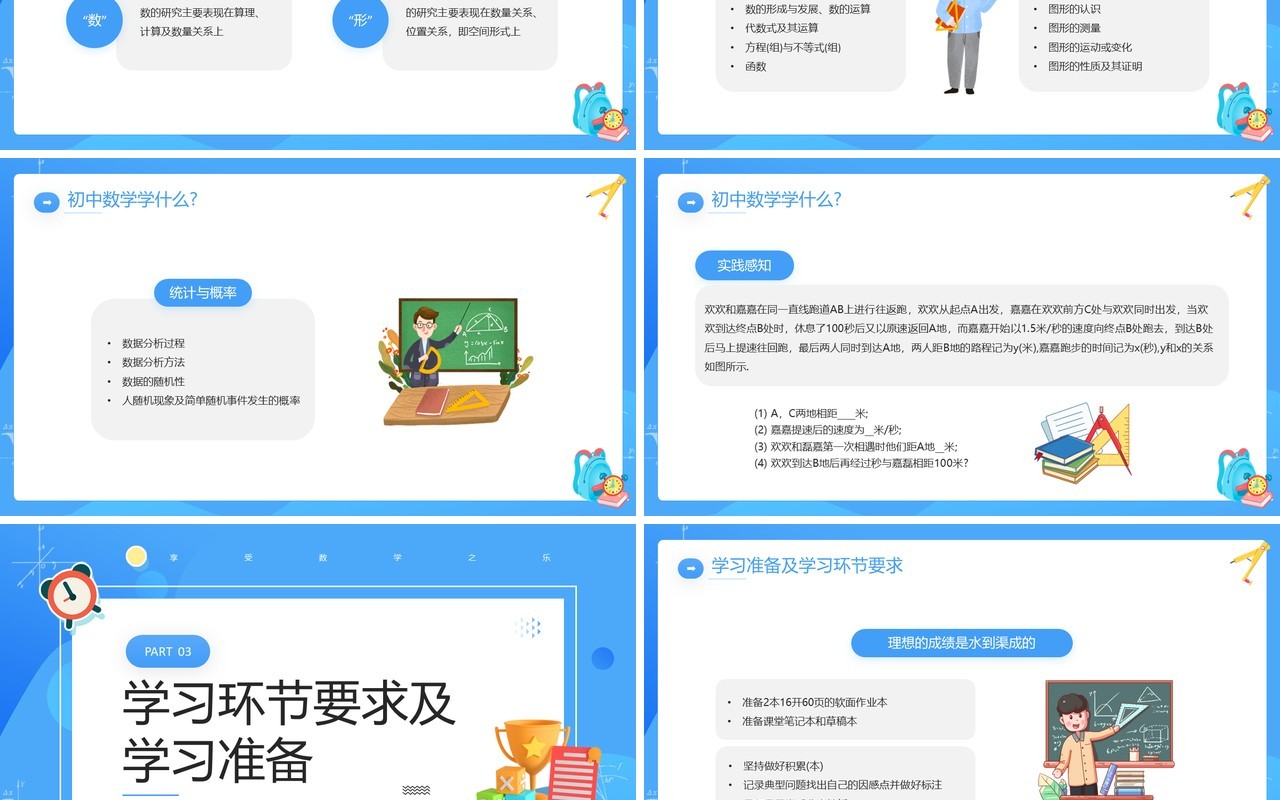蓝色卡通风初中数学开学第一课教师说课PPT模板