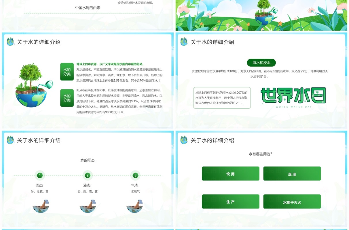 绿色卡通风珍惜点滴节约用水PPT模板