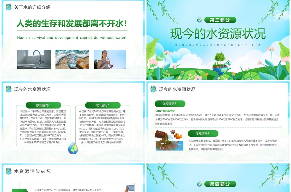 绿色卡通风珍惜点滴节约用水PPT模板