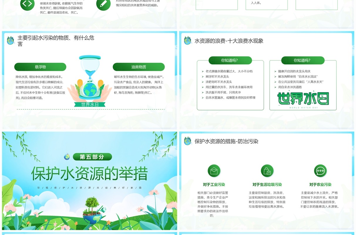 绿色卡通风珍惜点滴节约用水PPT模板