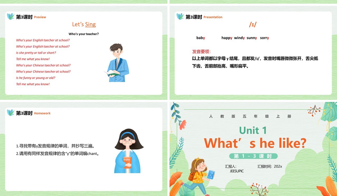 人教版五年级英语上册第一单元What's he like课件PPT模板