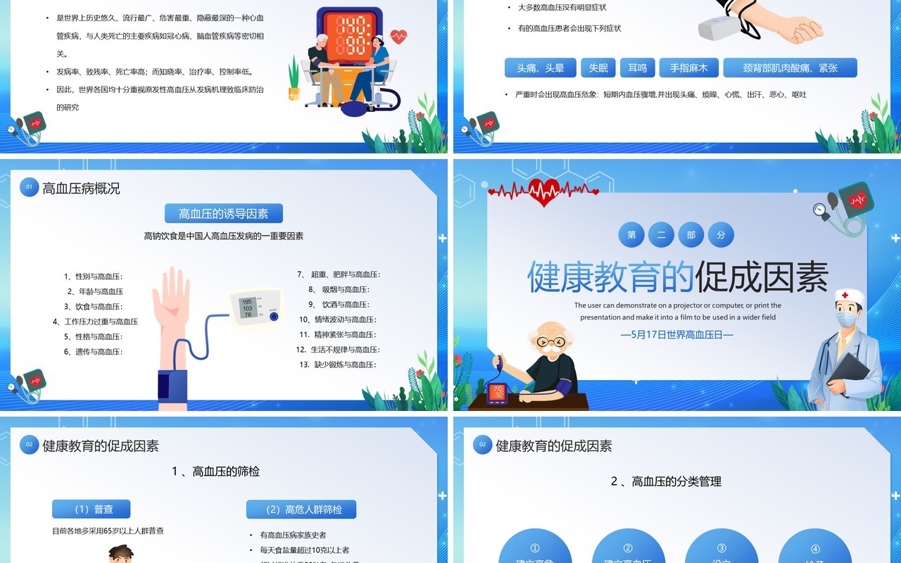蓝色卡通风高血压健康教育PPT模板