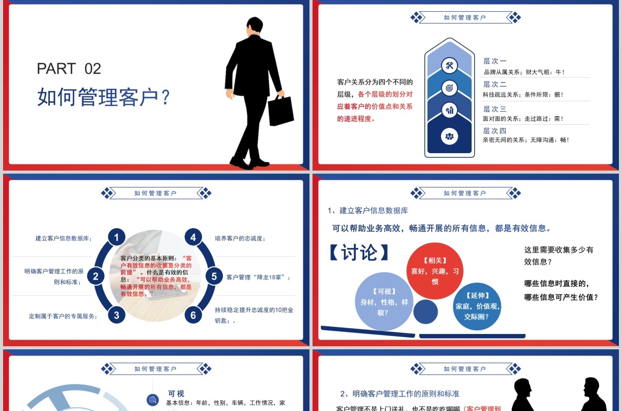 时尚红蓝搭配商务市场培训客户关系管理PPT模板