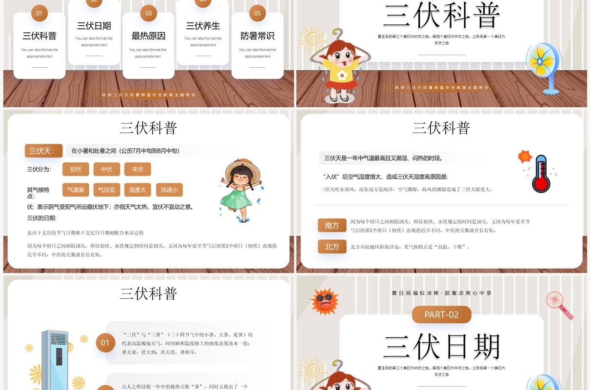 棕色卡通风三伏天科普知识介绍PPT模板
