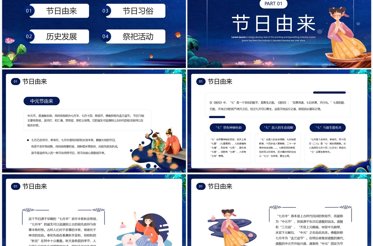 蓝色中国风传统节日中元节知识科普PPT模板