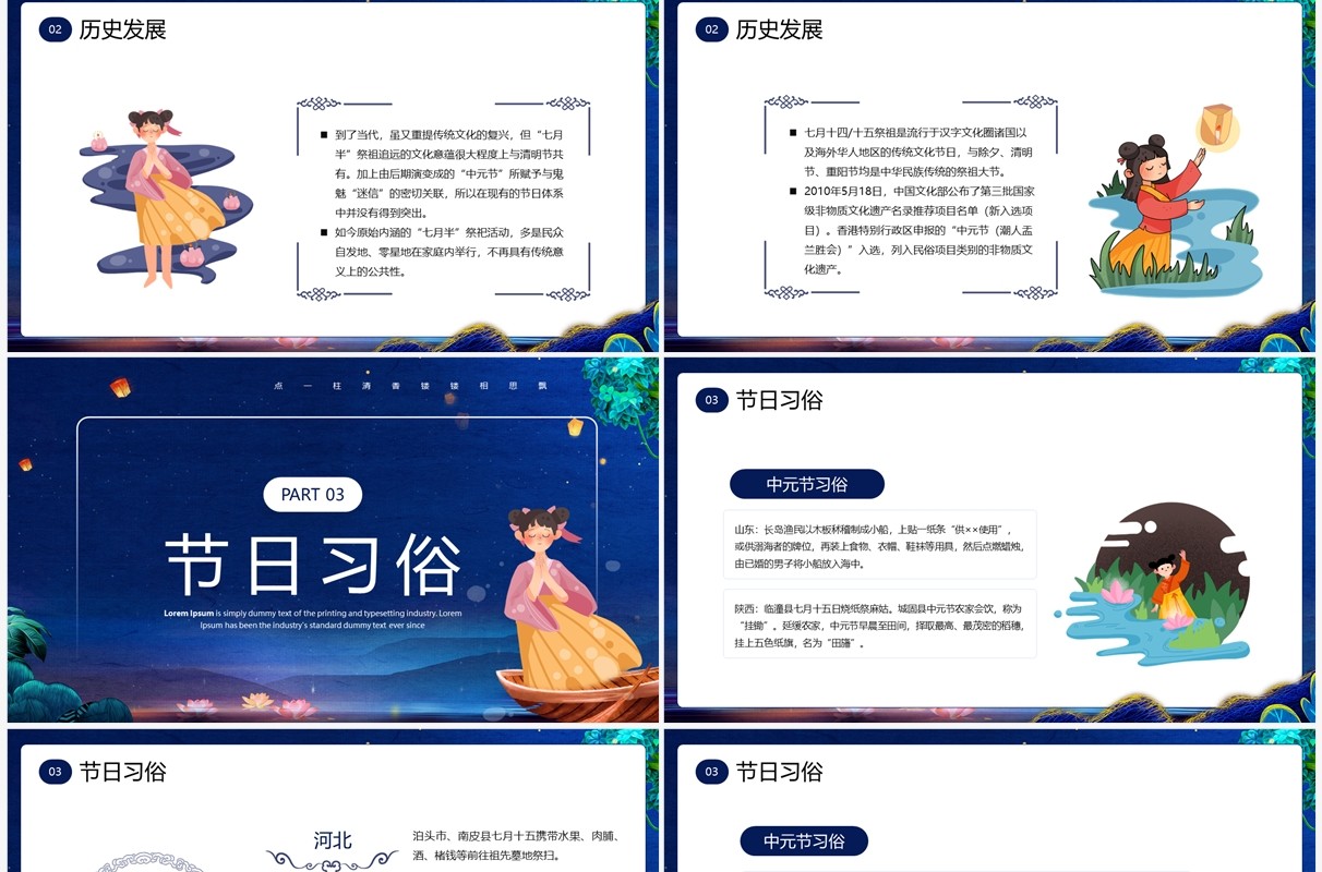 蓝色中国风传统节日中元节知识科普PPT模板