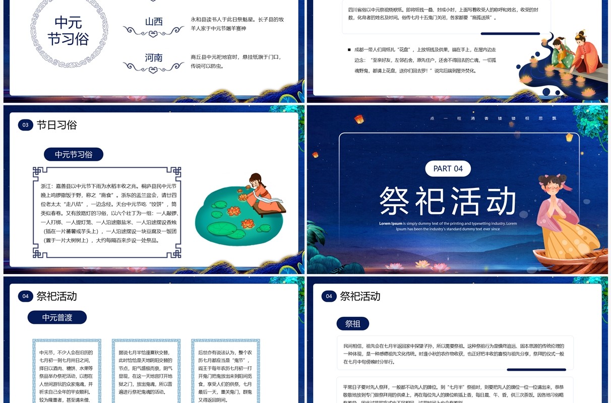 蓝色中国风传统节日中元节知识科普PPT模板