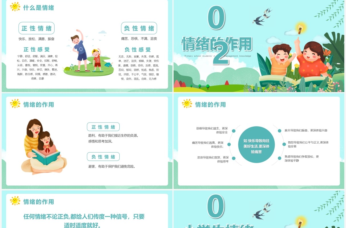绿色卡通小学生情绪管理培训动态PPT模板