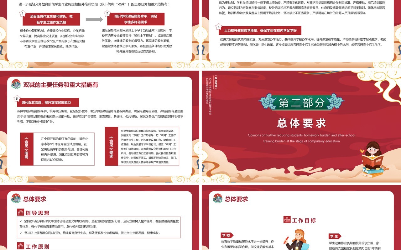 红色国潮风解读教育双减意见PPT模版
