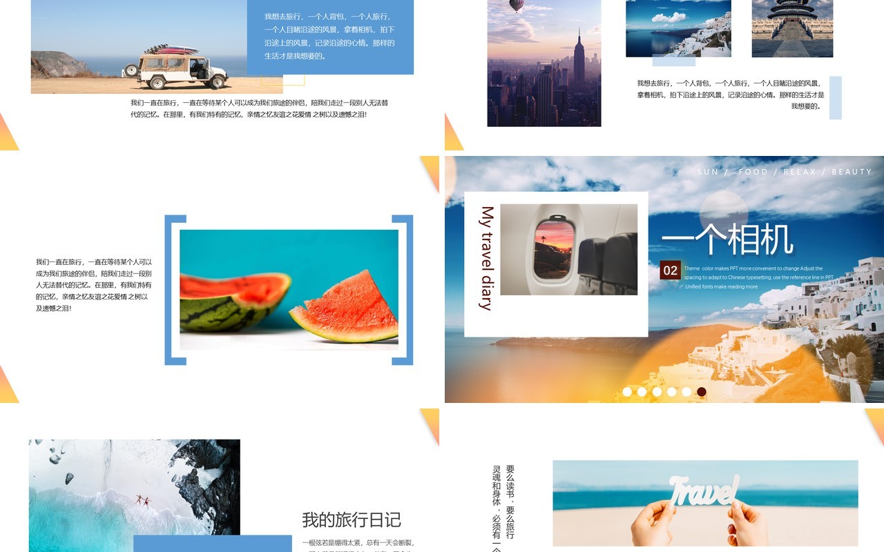 橙色小清新简约旅行日记画册相册动态PPT模板