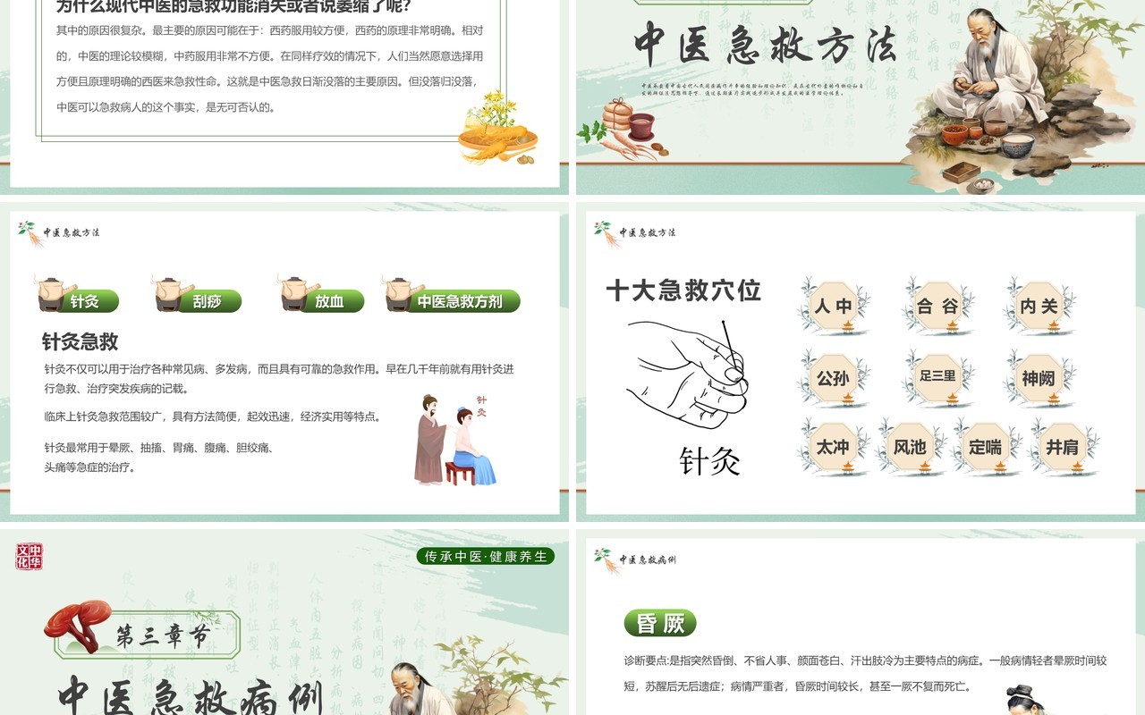 绿色简约风中医急救知识PPT模板
