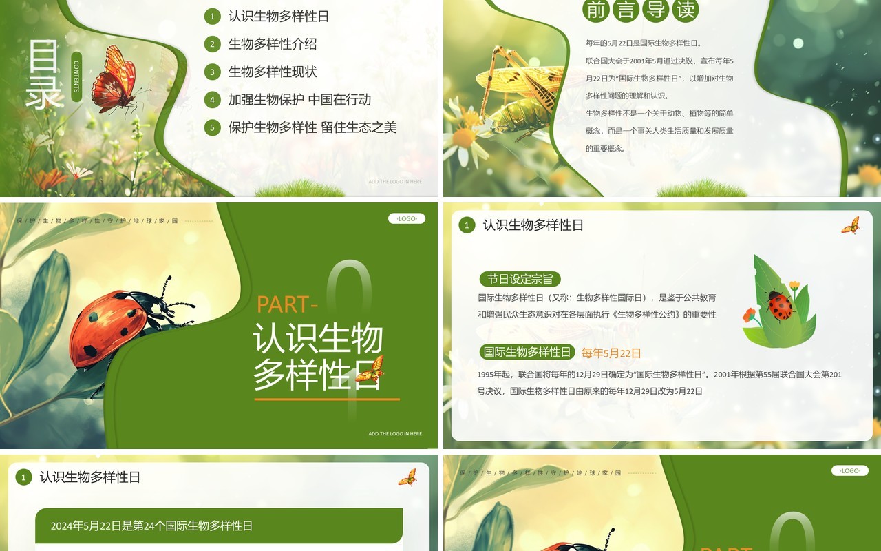 绿色插画风国际生物多样性日PPT模板