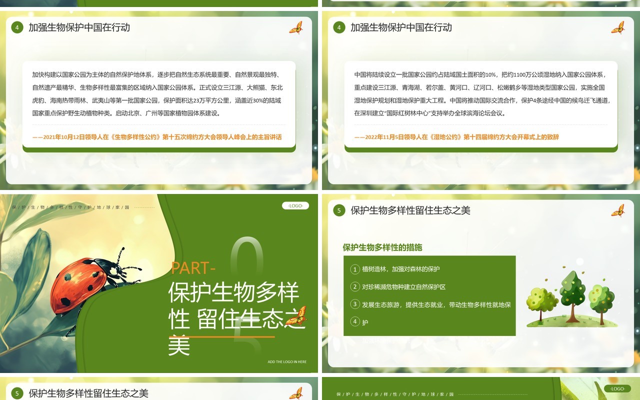 绿色插画风国际生物多样性日PPT模板