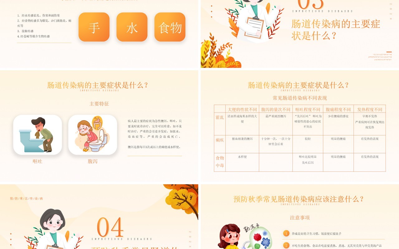 橙色卡通风格秋冬季节常见传染病知识预防宣传PPT模板