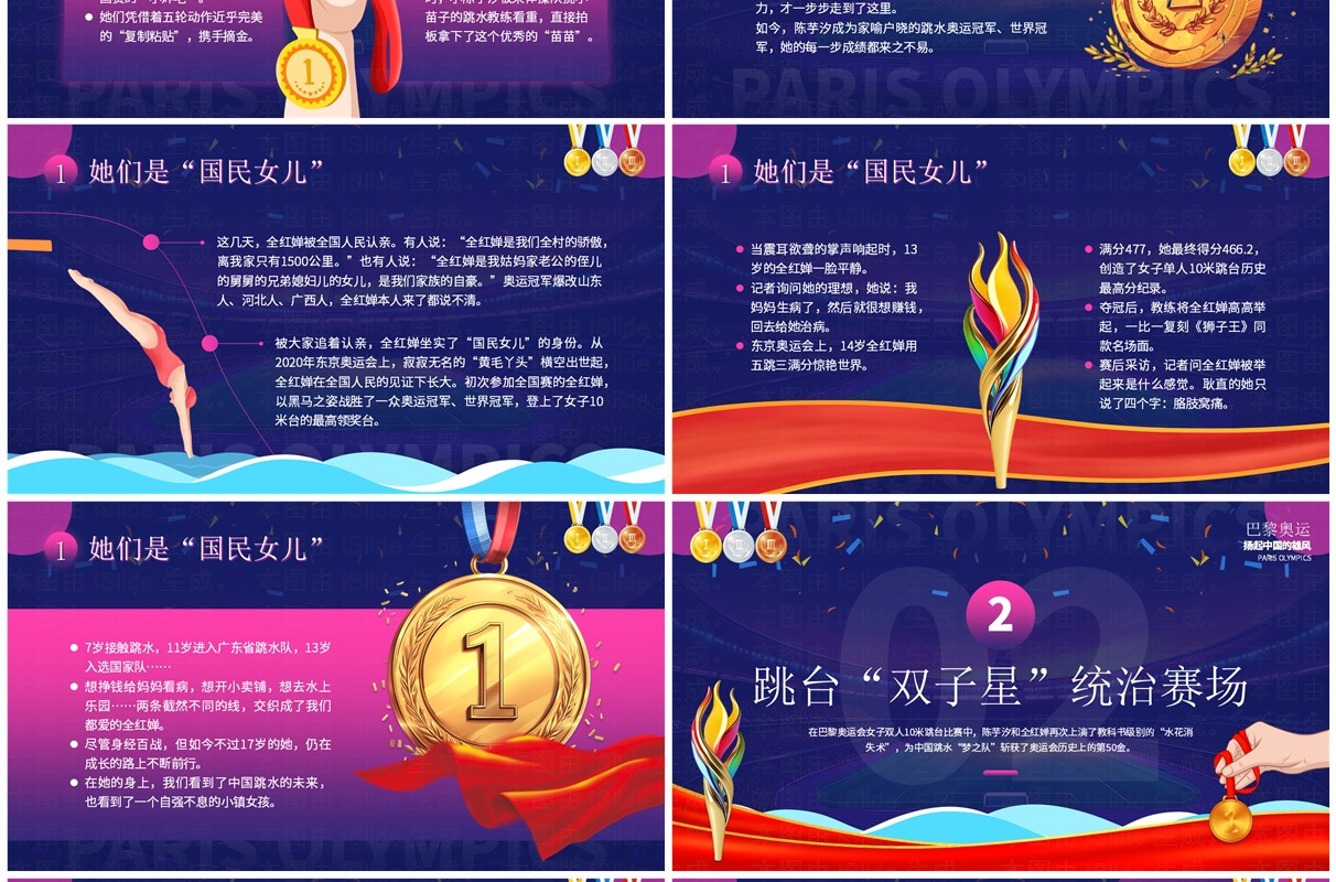 紫色简约卡通巴黎奥运陈芋汐全红婵跳水冠军PPT模板