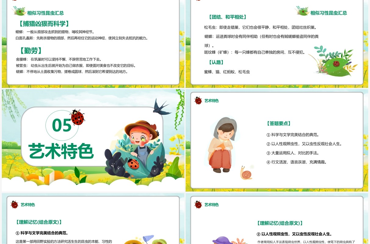 绿色卡通昆虫记文学作品介绍PPT模板