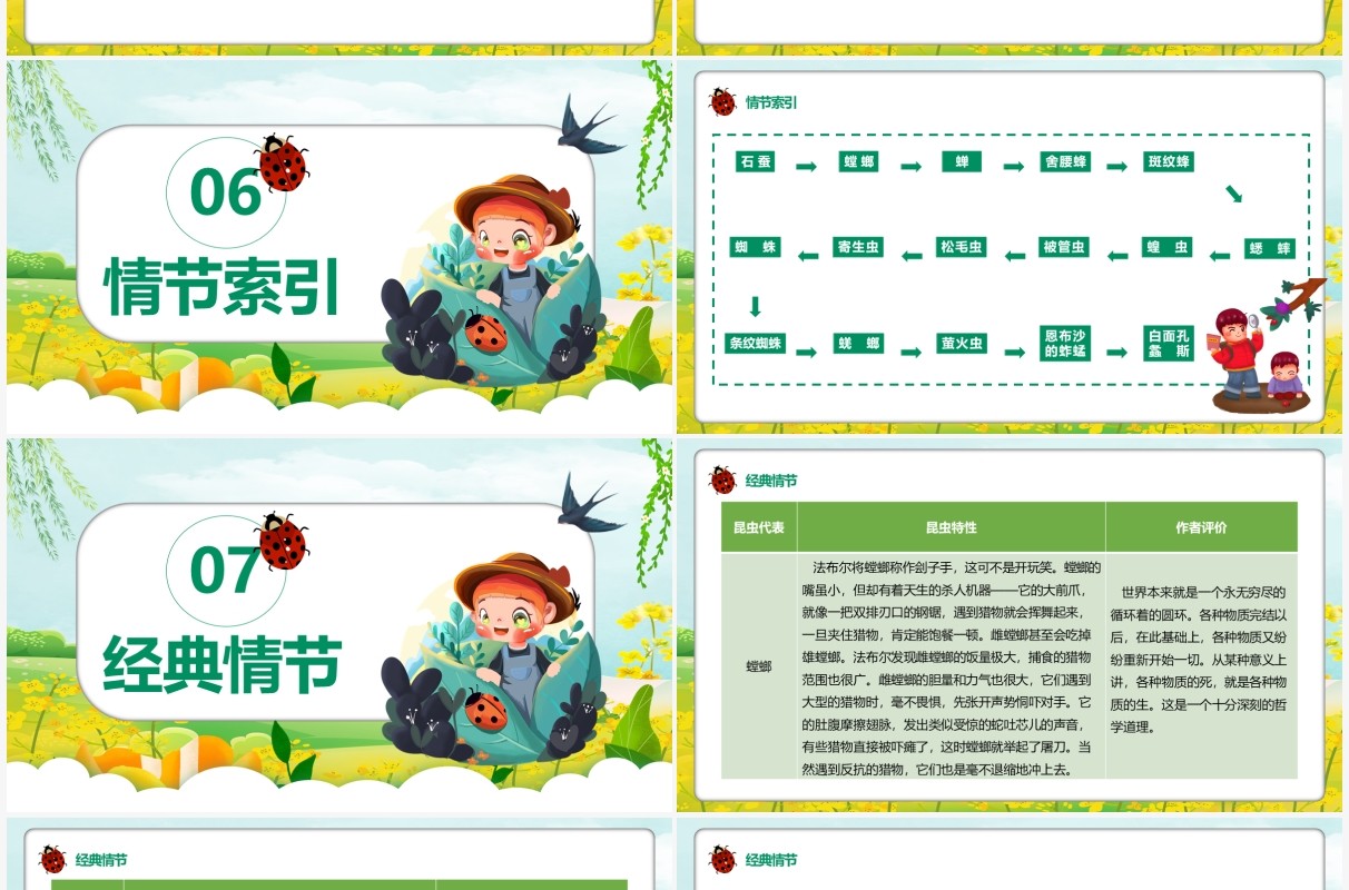 绿色卡通昆虫记文学作品介绍PPT模板