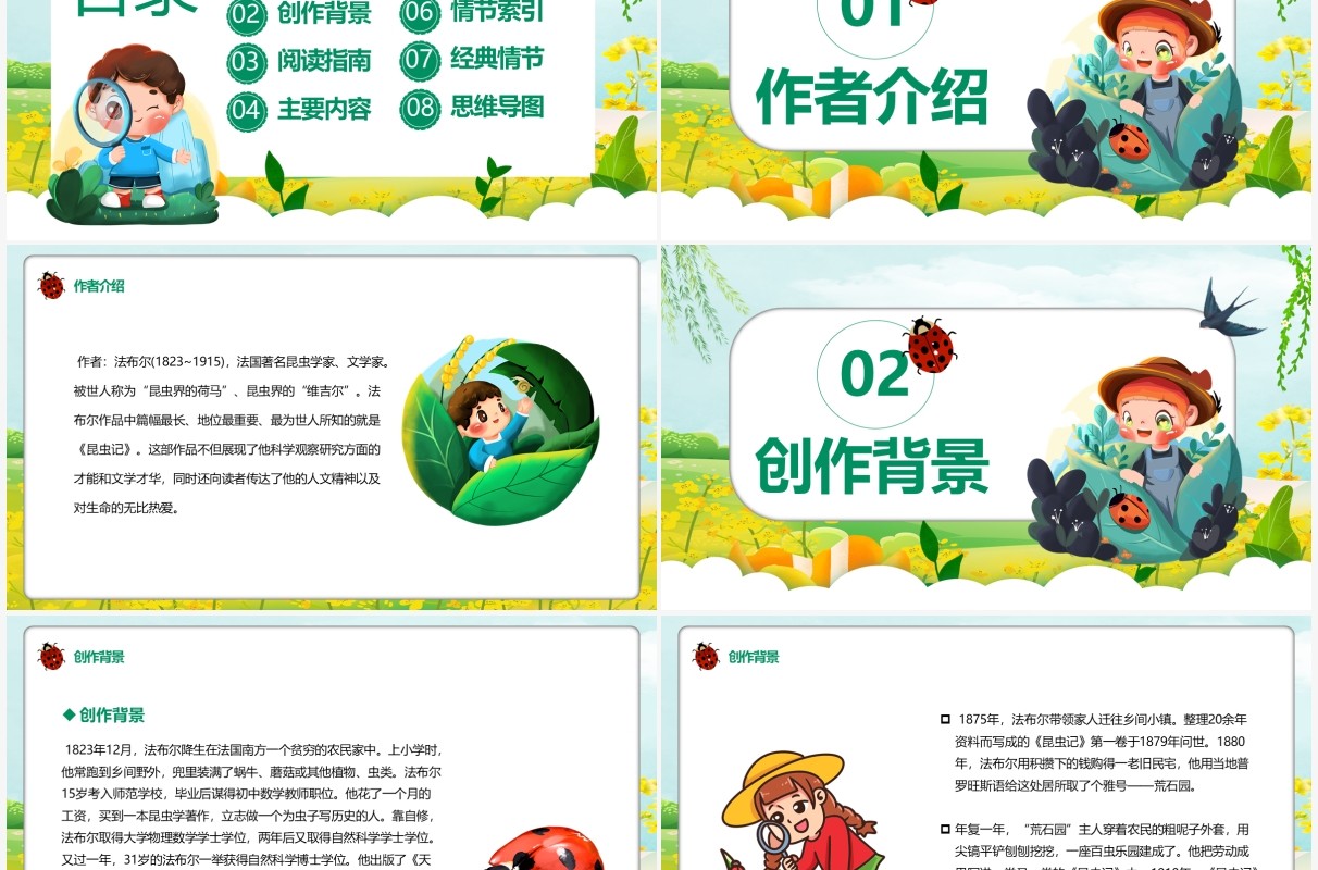 绿色卡通昆虫记文学作品介绍PPT模板
