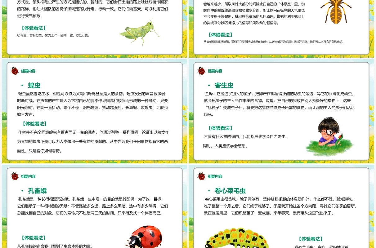 绿色卡通昆虫记文学作品介绍PPT模板