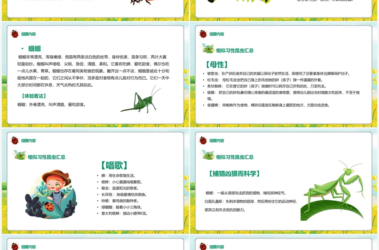 绿色卡通昆虫记文学作品介绍PPT模板
