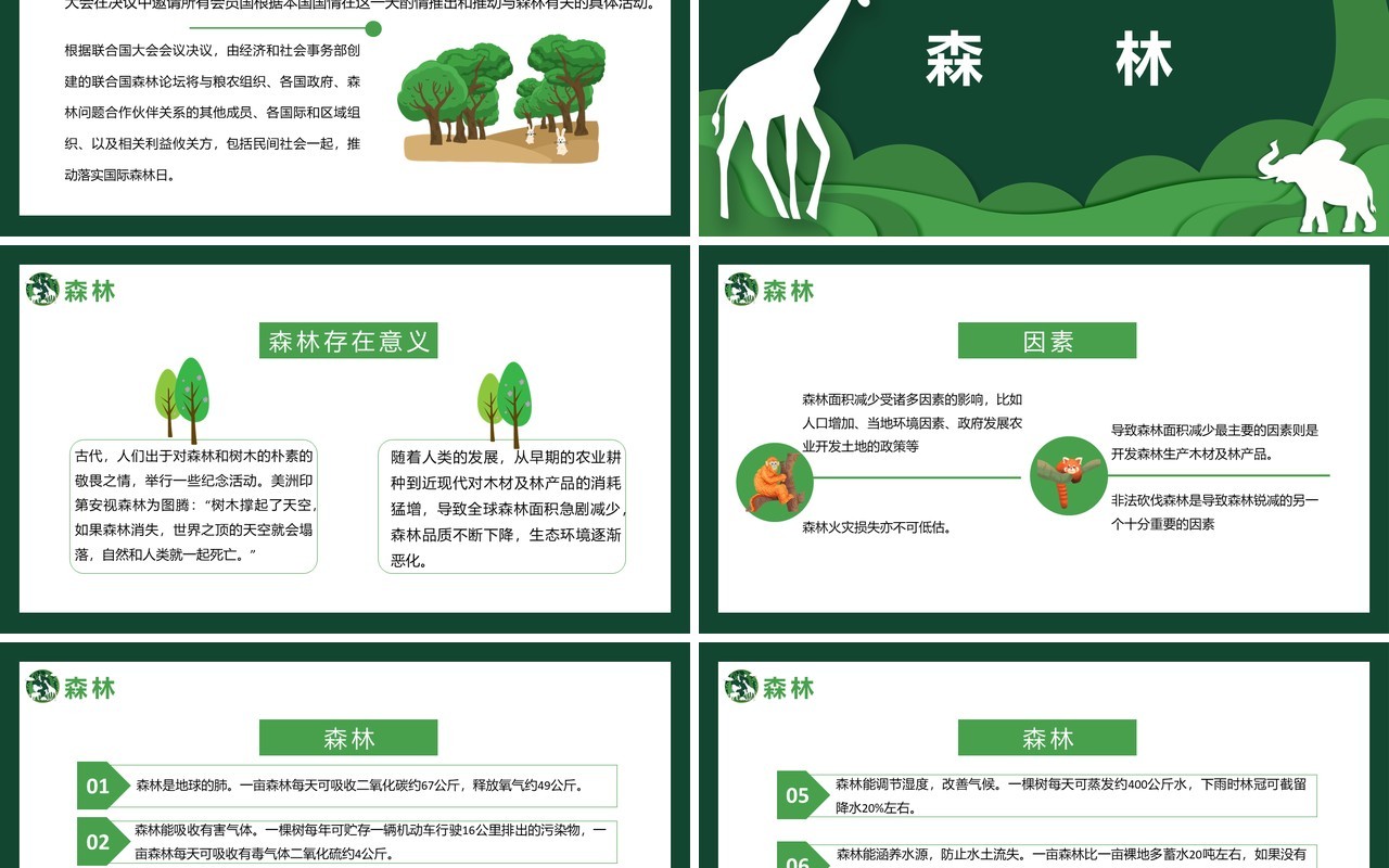 绿色卡通剪纸风世界森林日介绍PPT模板