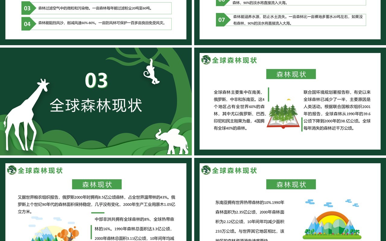 绿色卡通剪纸风世界森林日介绍PPT模板