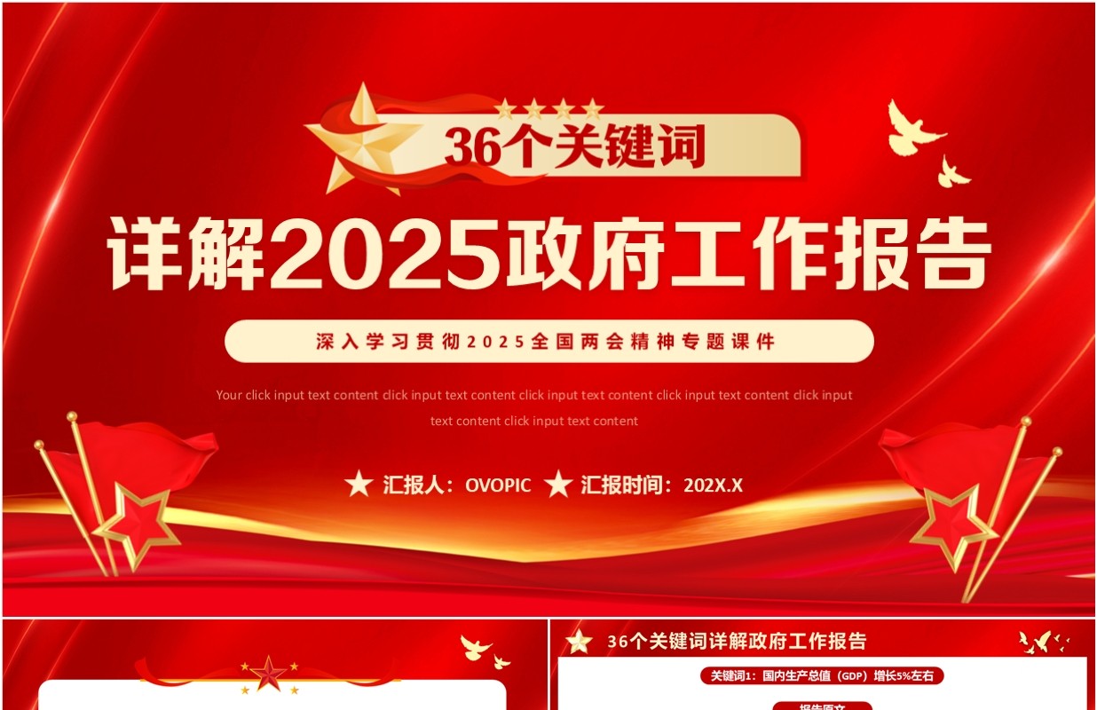 红色简约风2025政府工作报告关键词PPT模板