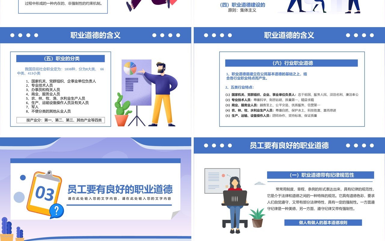蓝色扁平化职业道德与职业素养企业培训动态PPT模板