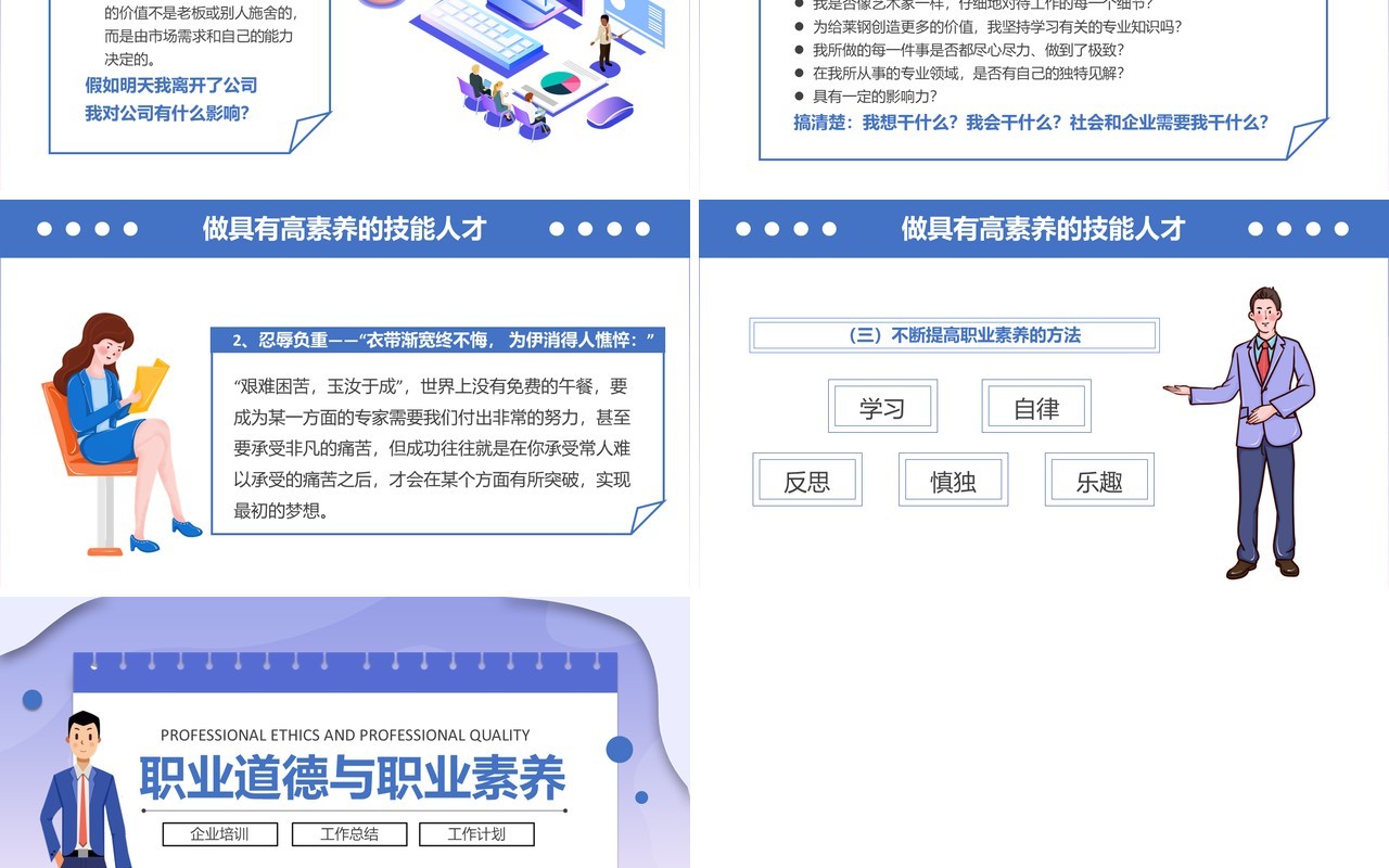 蓝色扁平化职业道德与职业素养企业培训动态PPT模板