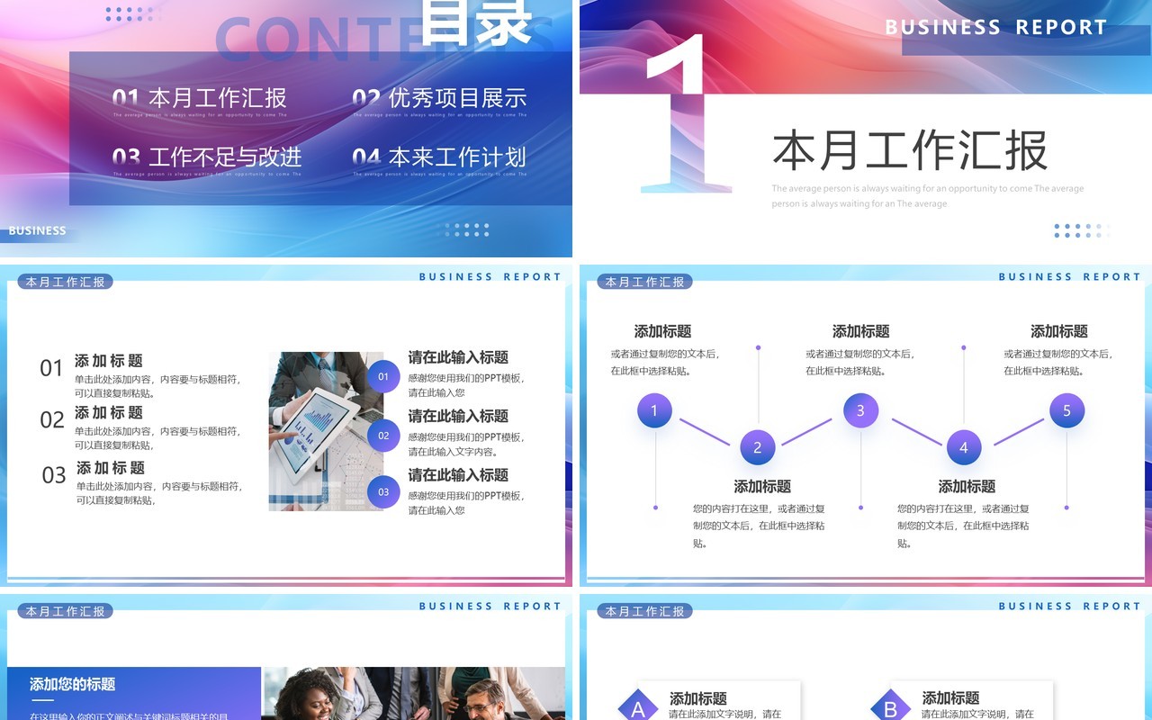 蓝紫渐变流体工作汇报总结PPT模板