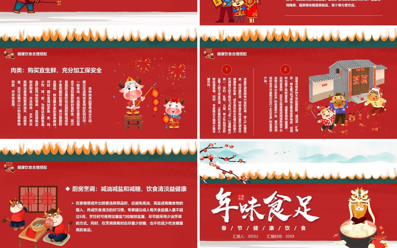 红色卡通风年味儿食足春节赴宴攻略PPT模板