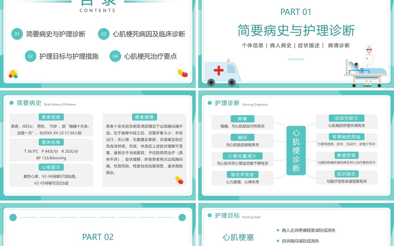 绿色扁平风医院急性心梗护理查房PPT模板