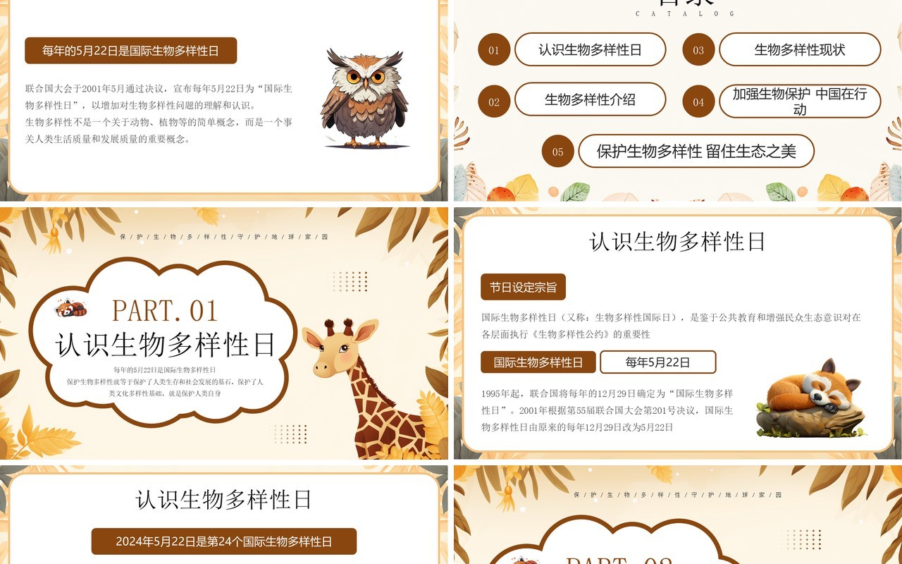 黄色插画风国际生物多样性日PPT模板