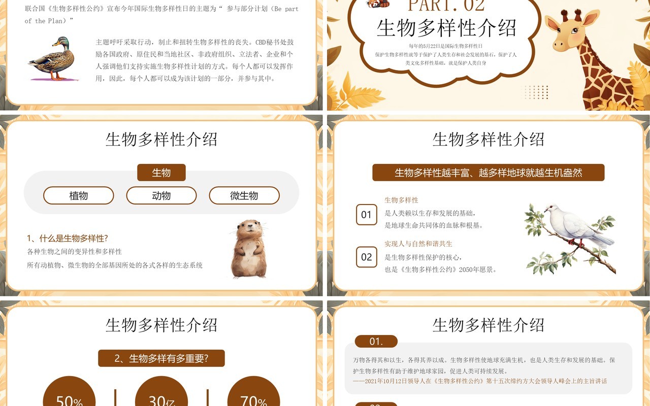 黄色插画风国际生物多样性日PPT模板