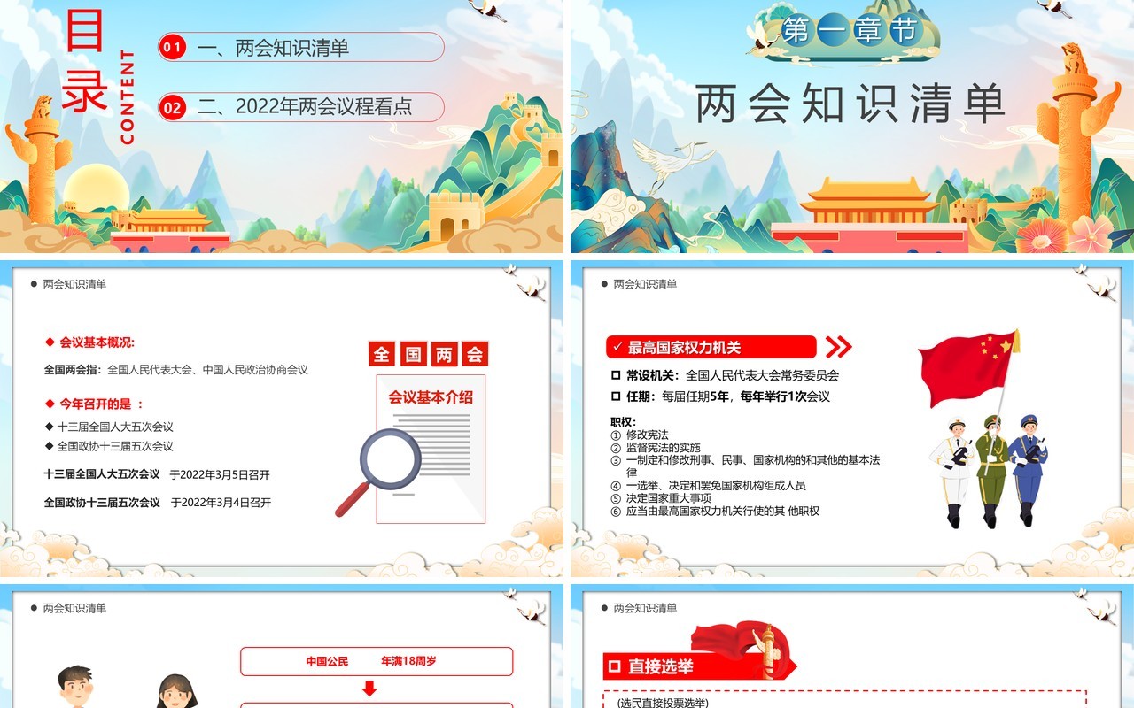 蓝色国潮风聚焦2022两会宣传PPT模板