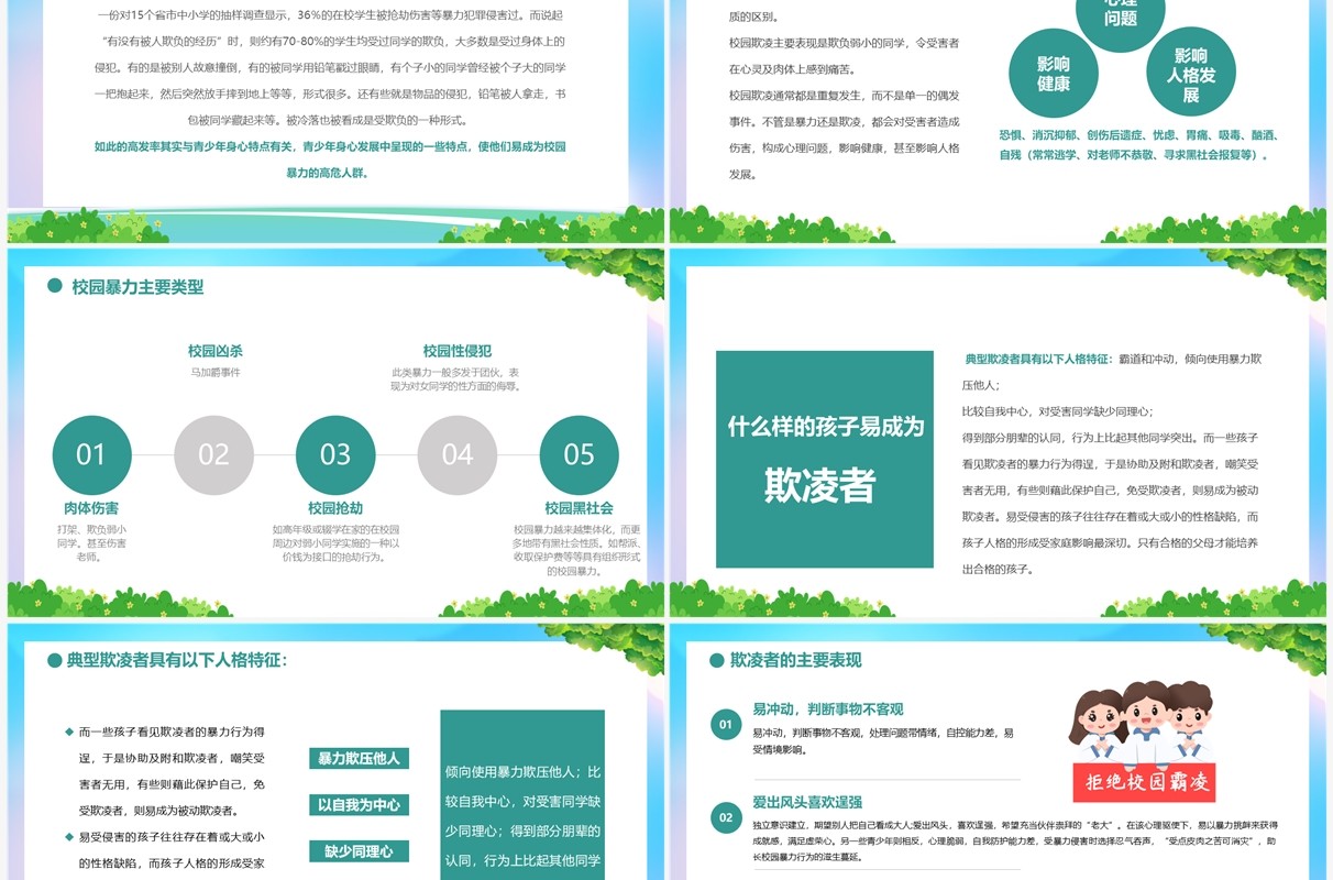 蓝绿色卡通风如何应对欺凌和暴力PPT模板